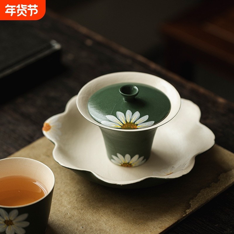 中式诧寂风粉引手绘功夫茶具复古墨绿盖碗主人茶杯手工陶瓷不烫手,餐饮具,功夫茶具,淘宝优惠券,粉丝福利购,淘宝优惠卷
