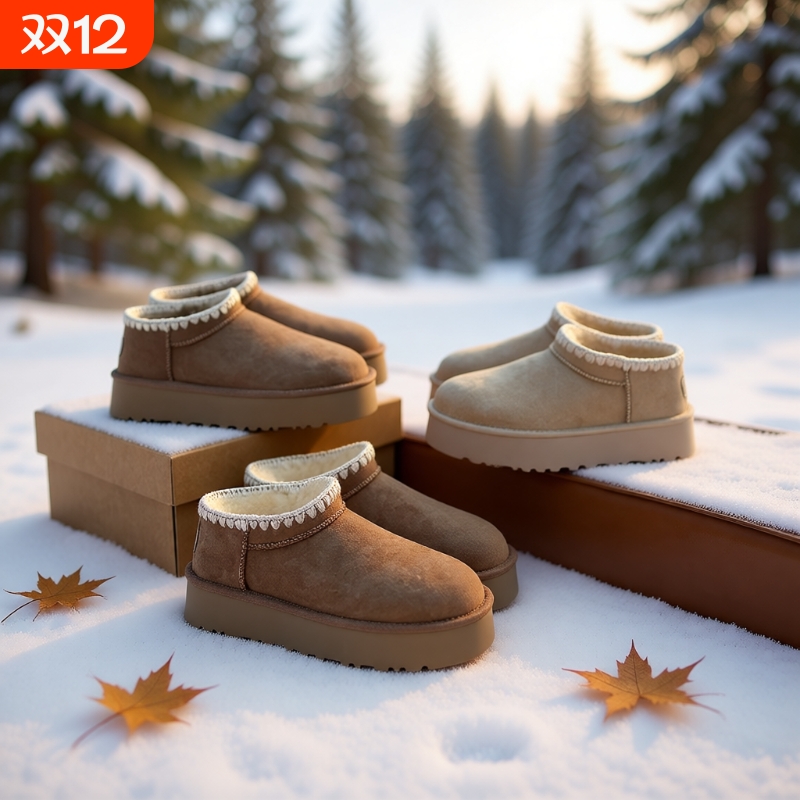 桑坡雪地靴加绒加厚真皮短筒毛线羊皮毛一体厚底东北棉鞋女冬防水