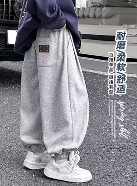 男童休闲裤子春秋季新款中大童男孩宽松运动卫裤加绒灰色黑色外穿