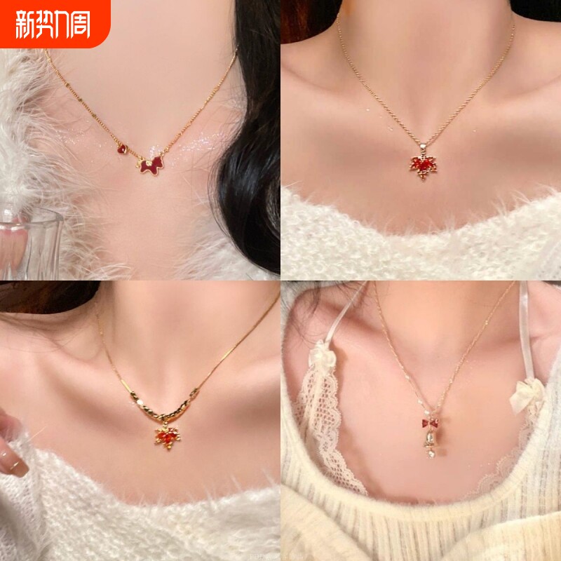 情人节马到新年红色小马锁骨链女秋冬毛衣链配饰马上有钱项链枫叶