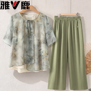 奶奶夏季 雅鹿妈妈夏装 衣服雪纺T恤 短袖 中老年人女装 2026新款 小衫