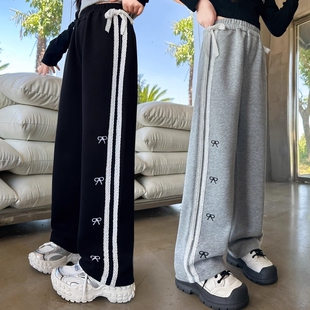 女童裤子秋冬2025新款儿童蝴蝶结直筒阔腿裤大童冬季加绒运动卫裤