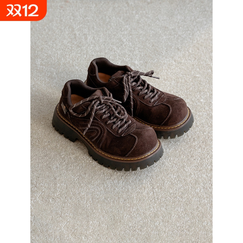 时尚百搭棕色大头德比鞋女款秋冬厚底增高休闲鞋小个子复古皮鞋潮