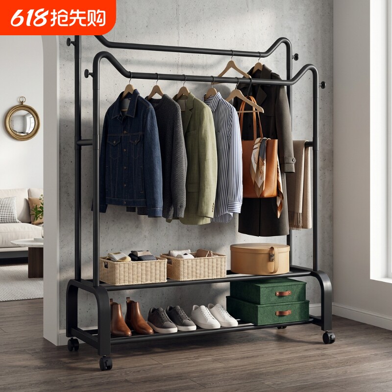新款猫耳衣架落地立式双杆落地衣架家用卧室挂衣服宿舍双排衣帽架