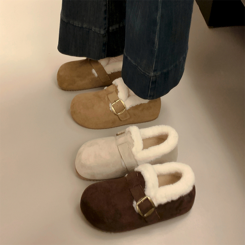 5CM内增高毛毛鞋女外穿2025秋冬季新款保暖大头懒人加绒棉勃肯鞋