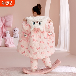 2025女童新款秋冬季夹棉法兰绒加厚睡衣儿童女睡袍家居服套装三层