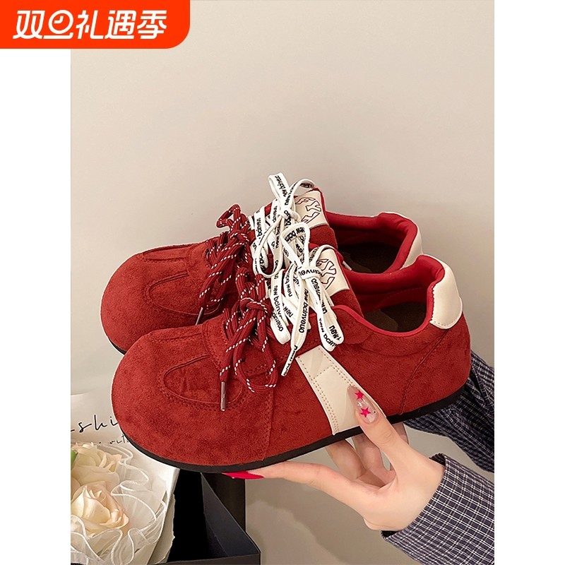香港真皮红色复古厚底内增高德训鞋女2025新款秋季休闲阿甘运动鞋