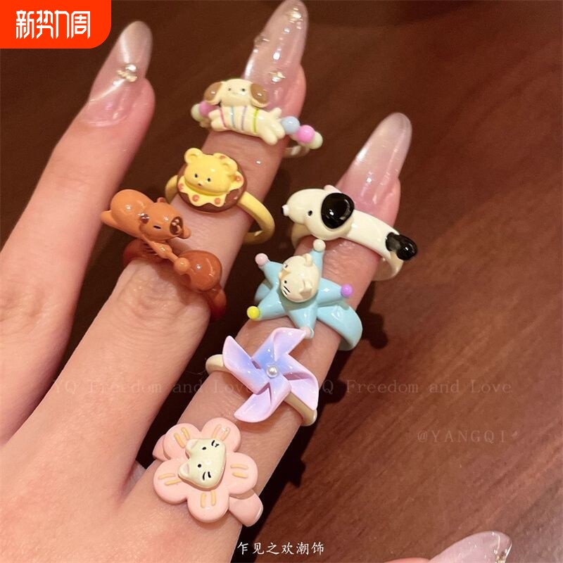 原创小众趣味卡通动物开口戒指女可爱设计感创意可旋转指环食指戒
