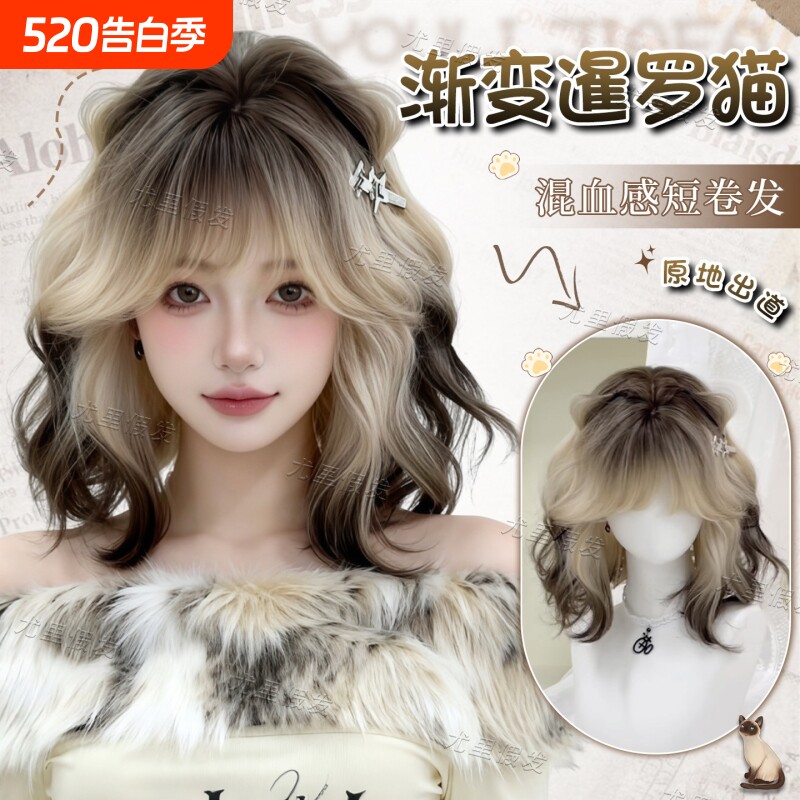 【渐变暹罗】假发全头套女羊毛卷短发黑金渐变混血感短卷发仿真