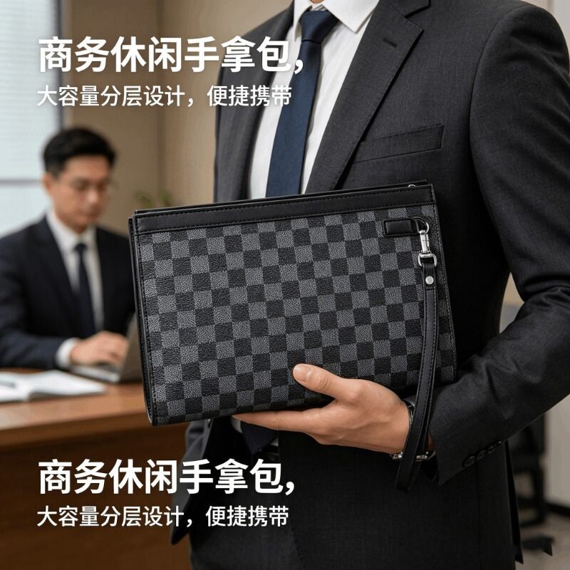 手包男手拿包大容量夹包男士手拎包格子商务休闲潮牌手抓包男新款
