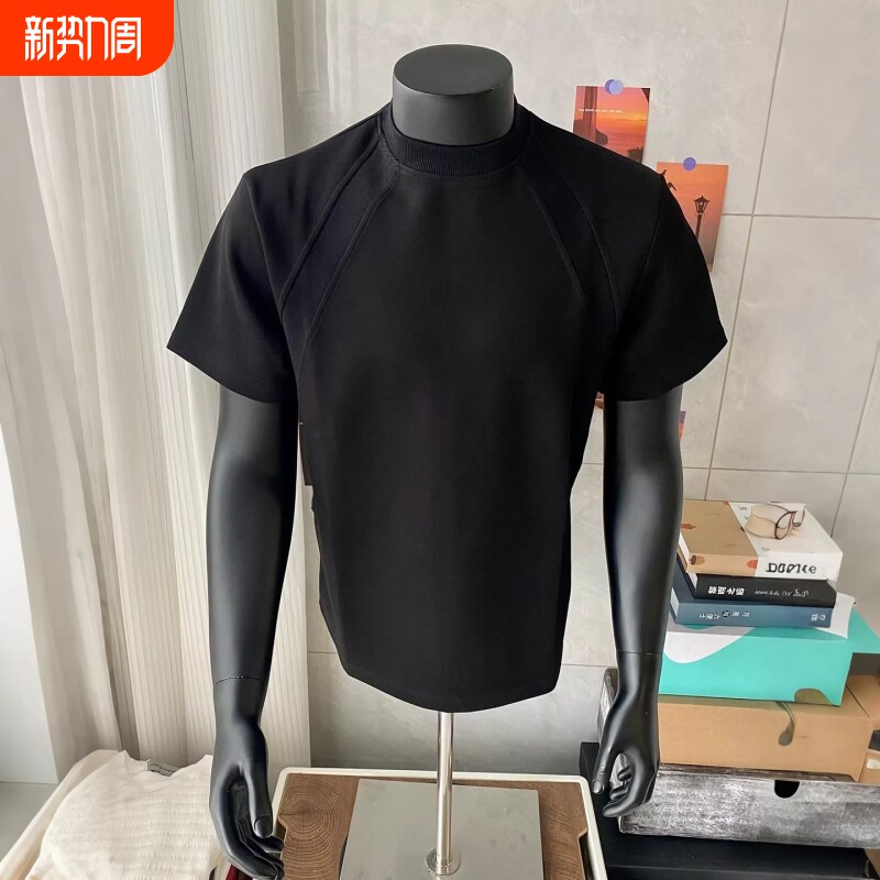 黑色小领口boxy短袖男款夏季美式拼接太空棉t恤重磅硬挺内搭半袖
