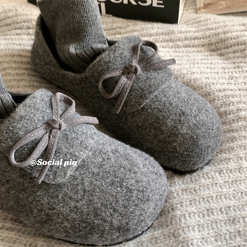 秋冬保护色~松弛感满满！文艺复古毛呢勃肯鞋女加绒一脚蹬单鞋