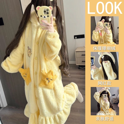 珊瑚绒睡衣秋冬款女2024新款男士冬季厚睡裙可爱乌萨奇睡袍家居服