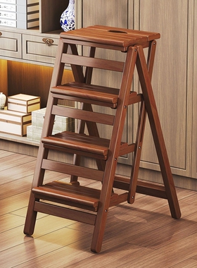 实木折叠梯多功能家用可折叠梯椅木梯子室内椅子两用登高收纳三层