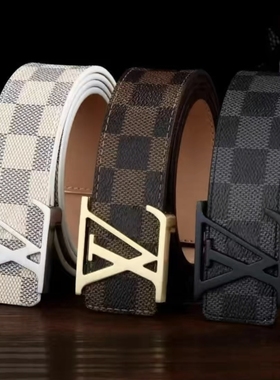 皮带男士真皮印花格纹新款平滑内扣年轻人名牌腰带奢侈品裤带男潮