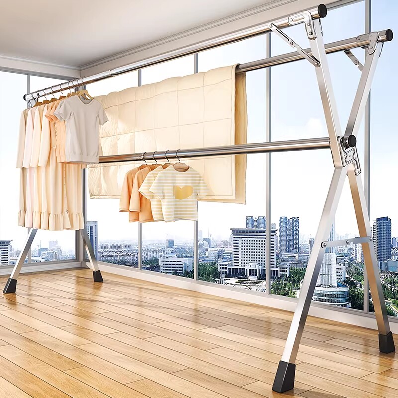 不锈钢折叠晾衣架落地晒衣架阳台挂衣服架卧室伸缩X型晾衣杆宿舍