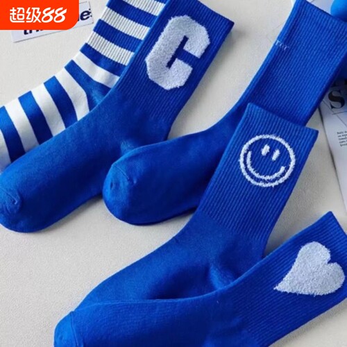 克莱茵蓝袜子女中筒袜春季情侣款高帮运动袜宝蓝色男袜in条纹高筒