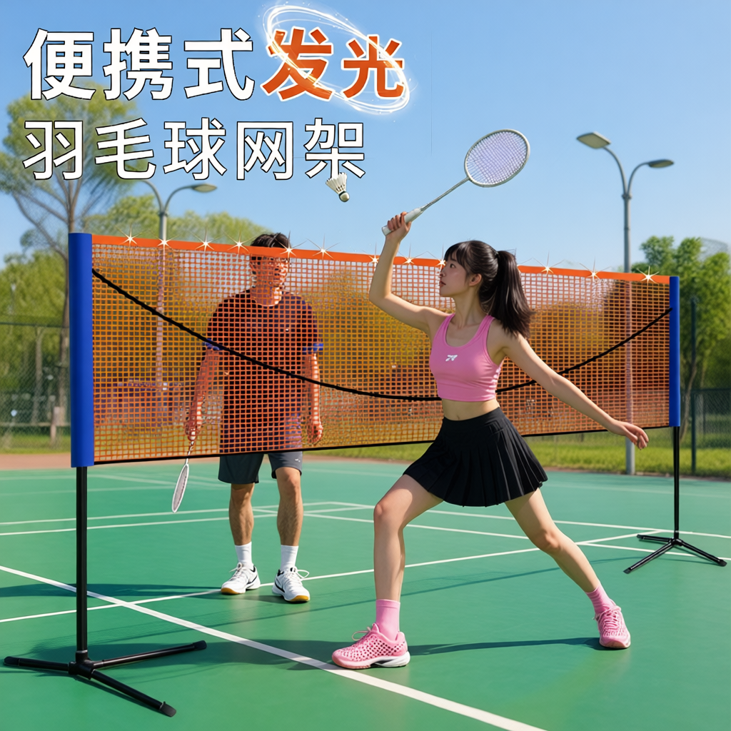 便携式发光羽毛球网架夜间室内标准网可折叠户外简易移动拦网架子