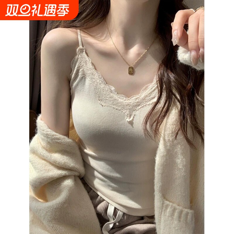 秋冬羊绒蕾丝吊带女纯欲加厚保暖背心胸垫上衣白色羊毛文胸桑蚕丝