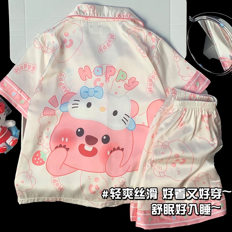儿童女童冰丝睡衣卡通海狸小女孩夏季薄款2025新款短袖短裤家居服
