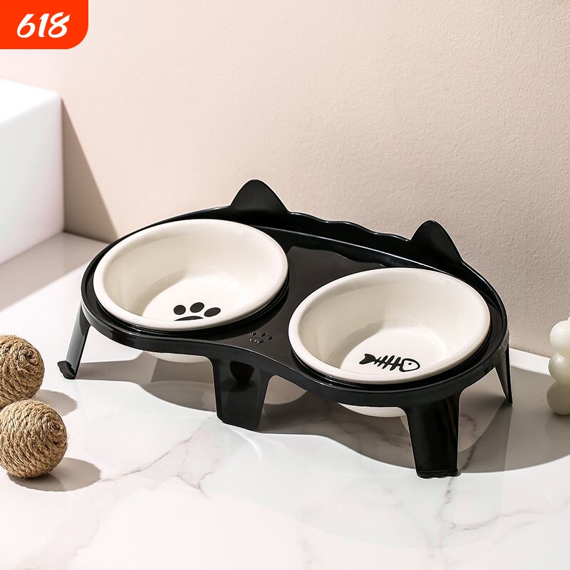 猫碗陶瓷【护颈+防黑下巴】双碗宠物碗可爱猫食盆猫咪吃饭喝水碗