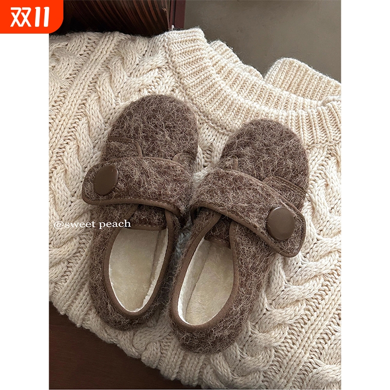 甜美魔术贴玛丽珍毛毛鞋女冬外穿2025新款平底加绒棉鞋内增高黑色