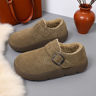 软底百搭单鞋 厚底毛毛勃肯鞋 复古真皮加绒保暖棉鞋 新款 女2025冬季