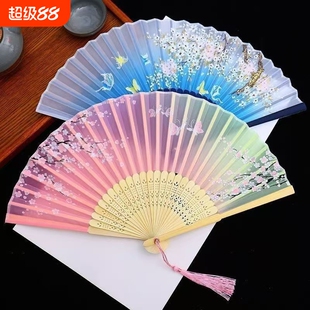 折叠扇子折扇中国风夏天儿童舞蹈扇古风旗袍便携随身竹扇绢布结实