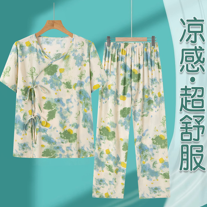 可外穿睡衣女2025新款夏中国风妈妈家居服棉绸两件套装中老年大码