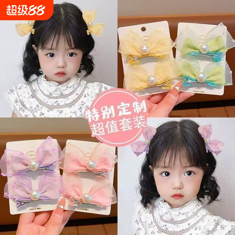 儿童果冻纱蝴蝶结发夹女童粉色立体兔耳对夹女孩小清新泡泡纱头饰