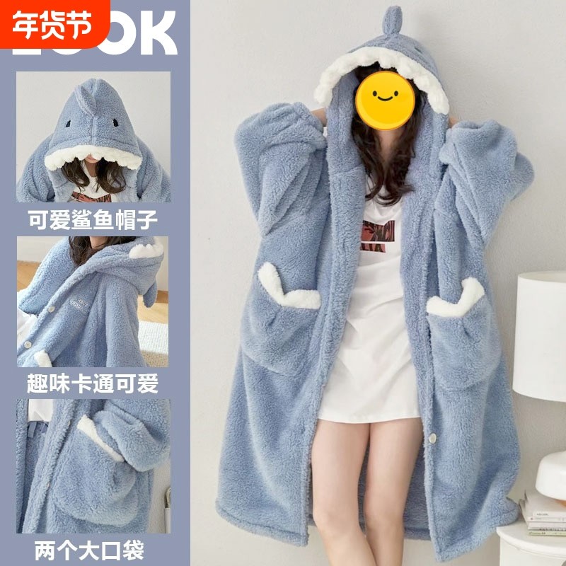 珊瑚绒睡衣女冬季2024新款男士加厚秋冬睡裙长睡袍套装家居服加绒