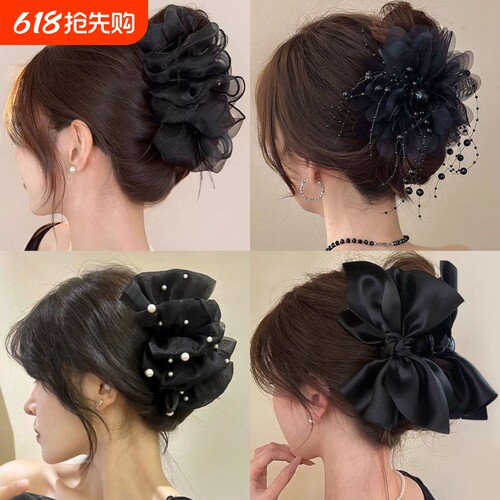 高级感黑色泡泡蝴蝶结发夹大号发抓2025新款后脑勺鲨鱼夹抓夹流苏