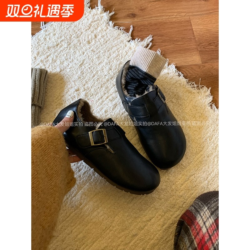 复古文艺手工真皮全包皮面勃肯鞋秋冬加绒一脚蹬皮带扣软底鞋保暖