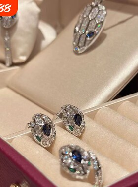 全新高定品质18k金灵蛇手镯女满钻蛇头项链耳环红蓝宝石蛇形戒指