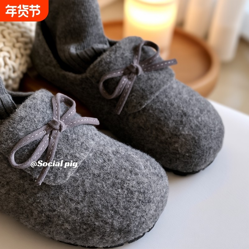 秋冬~感！毛呢勃肯鞋女加绒一脚蹬单鞋女平底圆头蝴蝶结黑色红色,女鞋,深口单鞋,淘宝优惠券,粉丝福利购,淘宝优惠卷