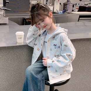 女童外套春秋季2025新款洋气儿童装卫衣大童上衣薄款灰色刺绣卡通