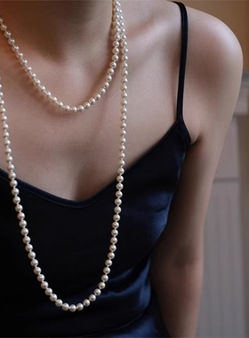 毛衣链施家仿珍珠项链超长轻奢小众新款复古高级感双层多层叠戴