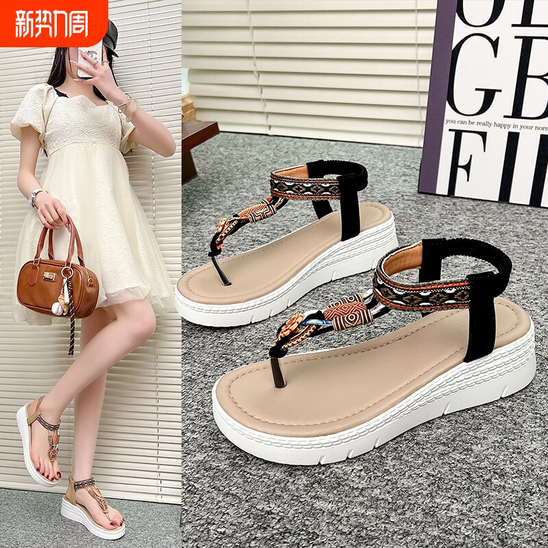 水钻扣式坡跟夹趾凉鞋女夏季百搭厚底夹脚凉鞋民族风装饰厚底凉鞋