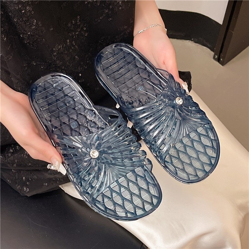 女士室内洗澡夏季凉拖鞋水晶外穿透明新款中老年拖鞋平底镂空防滑