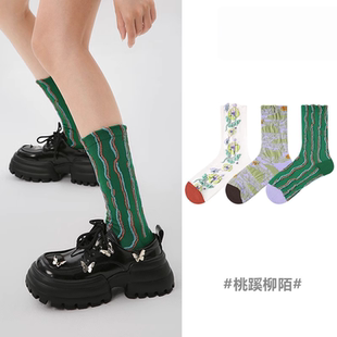 3双装 潮牌袜子 原创女袜秋季 简约条纹花朵设计中长筒袜精梳棉个性