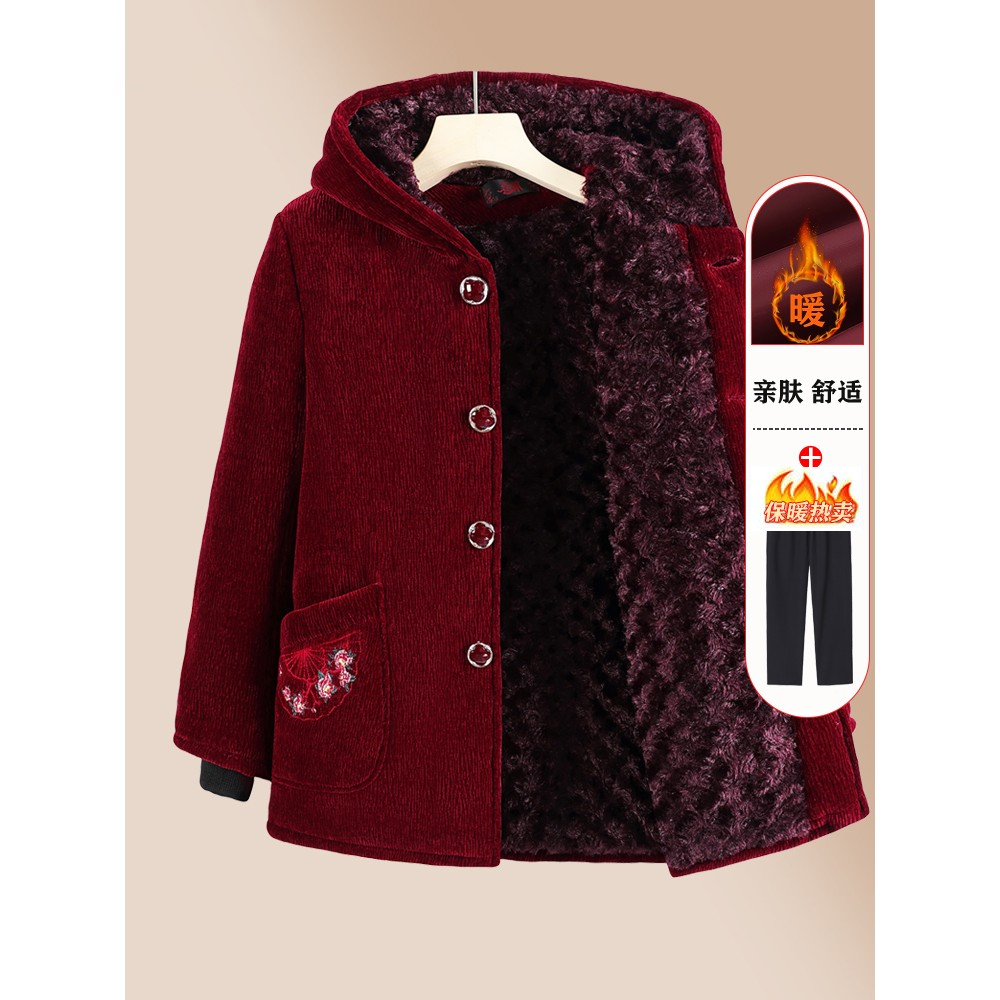 中老年人奶奶冬装棉衣女加绒厚外套老太太70岁80妈妈装灯芯绒棉袄