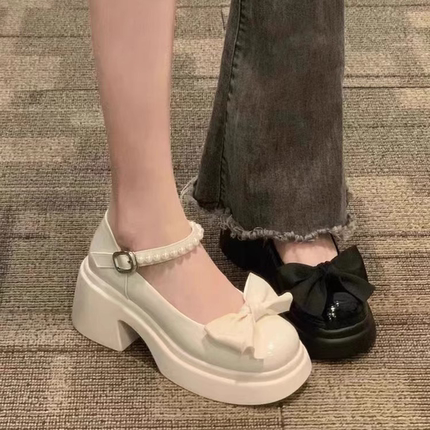 白色法式玛丽珍小皮鞋女厚底中跟增高蝴蝶结配裙子单鞋温柔高跟鞋