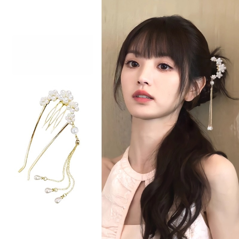 新中式高级气质U型发钗珍珠款流苏发簪女国风步摇簪子马面裙配饰*