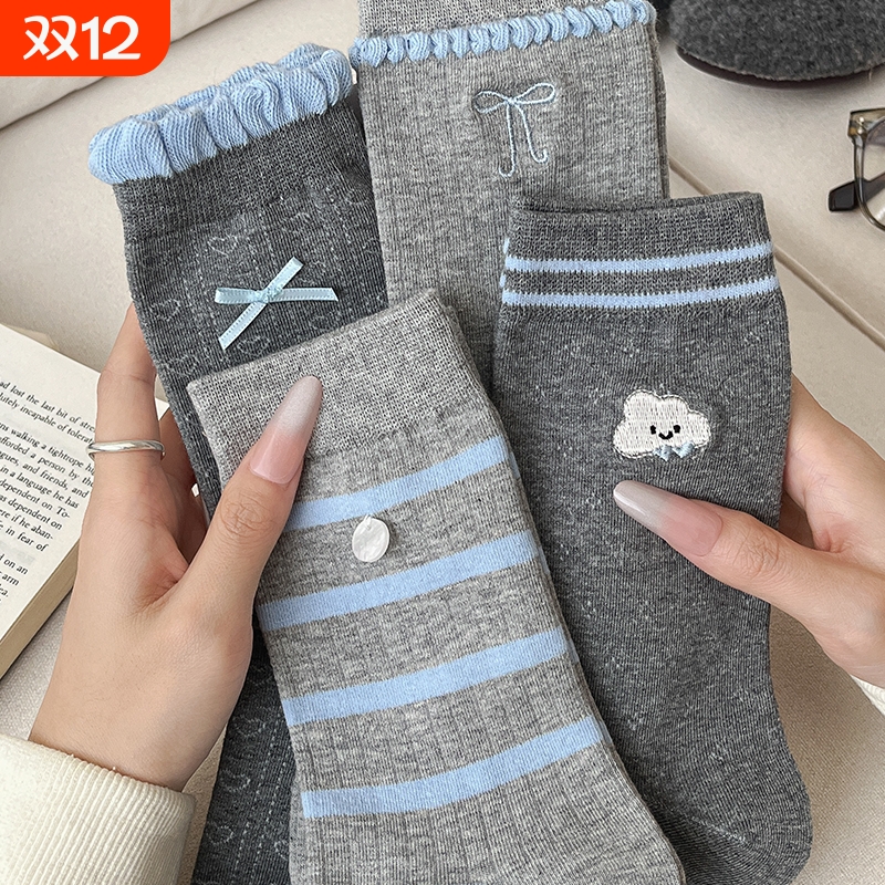 灰色袜子女纯棉中筒袜秋冬款撞色
