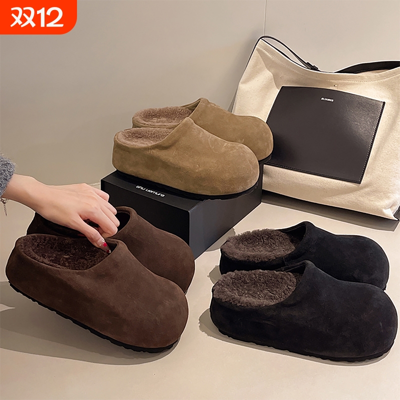 黑色复古厚底加绒半拖勃肯鞋女2025新款秋冬增高包头棉拖鞋子防水