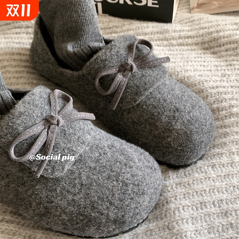 秋冬~感满满！文艺复古毛呢勃肯鞋女加绒一脚蹬单鞋女平底圆头