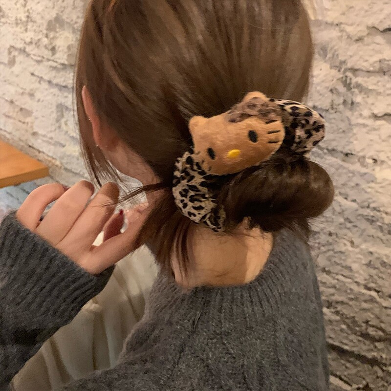 豹纹Kitty大肠圈~黑皮KT猫咪发圈丸子头发绳2025新款爆款