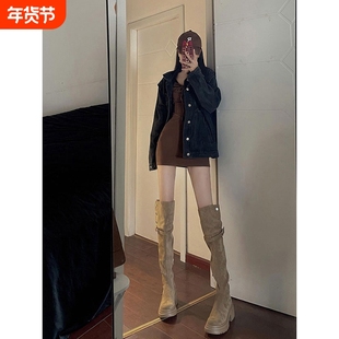 真皮~过膝长筒靴秋冬靴子女款2025年高跟长靴雪地靴杏色黑色圆头