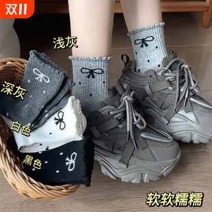 纯棉百搭长袜 中筒袜秋季 灰色波点蝴蝶结堆堆袜子女2025新款 爆款