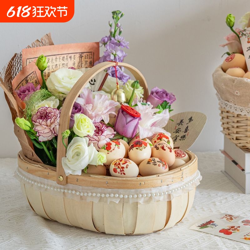 结婚手提篮手工编织花篮大号月子鸡蛋篮野餐水果篮采摘复古篮子
